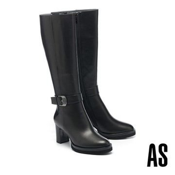 長靴 AS 簡約時尚鏤空LOGO方釦寬帶羊皮高跟長靴－黑