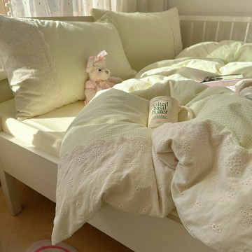 法式水洗棉床單四件套蕾絲邊被套春季床上用品南通宿舍三件套被罩