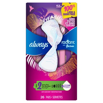 Always Radiant Heavy Flow Sanitary Pads Size 2 Light Clean Scent with Wings 26 Pads