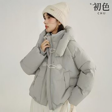 初色 純色連帽領長袖排釦拉鍊口袋加厚科技保暖纖維外套女外套-共3色-18193(M-XL可選)