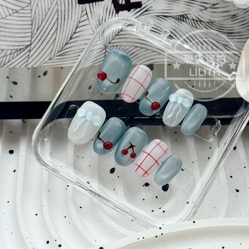 可隔日到貨！薄荷櫻桃 純手工貓眼穿戴甲 立體櫻桃 顯白百搭可拆卸手工甲 光療甲片 美甲貼片 假指甲 指甲貼 韓國美甲