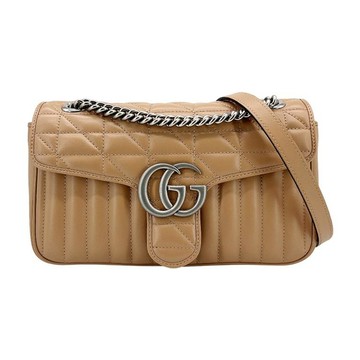 Gucci Marmont 絎縫仿舊銀雙G皮革斜背/肩背包-26cm（443497-奶茶色）_廠商直送