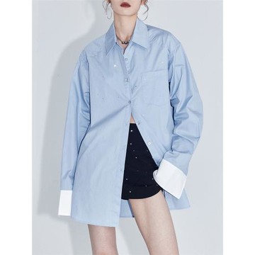 ourhour 肩部燙鉆 藍白撞色寬松廓形襯衫 女設計感重工碎鉆襯衣