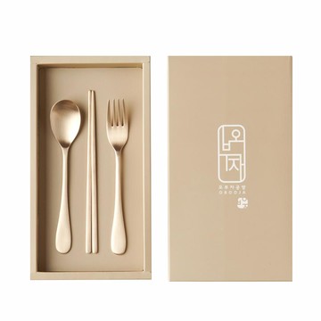 Obooja 韓國製 方字鍮器 兒童湯匙筷子組  湯匙 + 筷子 + 叉子 + 禮盒  1組  銅色
