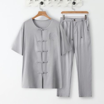 天絲麻料短袖襯衫男中式復古唐裝中國風亞麻套裝爸爸裝夏裝兩件套