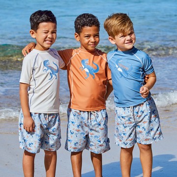 德國PlayShoes 抗UV防曬短袖兩件組兒童泳裝配海灘褲-恐龍 - 藍色 -134/140