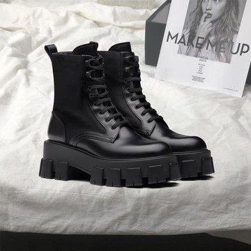 真皮2024春秋新款王心凌同款厚底松糕底系帶短靴圓頭馬丁靴子女