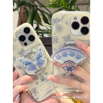 后勤高端&國風扇子蝴蝶磁吸新款個性適用于iphone16 pro max手機殼蘋果15/14/13/12青花瓷防摔全包創意亞克力