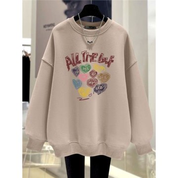 奶茶色薄款衛衣女寬松2025春秋冬新款字母涂鴉洋氣加絨中長款上衣