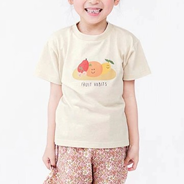 日本 ZOOLAND - 甜美女孩圓領短袖上衣-水果-淺卡其