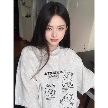 美式復古灰色純棉短袖t恤男女情侶裝大碼寬松胖mm半袖慵懶風上衣