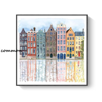 【訂製裝飾畫】 北歐畫框 畫 油畫 清新 客廳 畫框 美式 水彩 城市 建築 倒影 飯店 公寓 民宿 畫