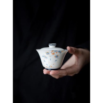 棠頌丨手工白瓷手繪桂香點金青花陶瓷蓋碗功夫茶具薄胎防燙泡茶碗