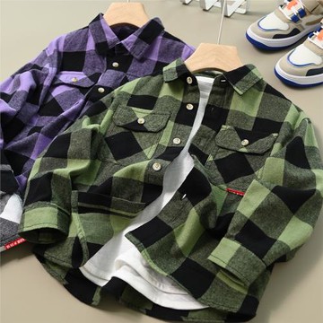 兒童純棉格子襯衣 男童女童寬松開衫 休閑外套 中大童 春秋款童裝