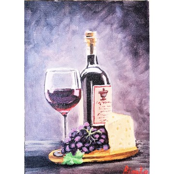 葡萄酒與起司原創裱框藝術靜物手繪 RinaArtSK