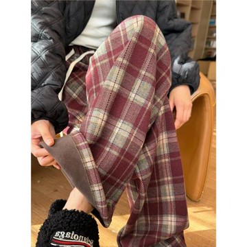 安可拉紅格子毛呢闊腿褲女秋冬加絨加厚高腰顯瘦直筒拖地休閑衛褲