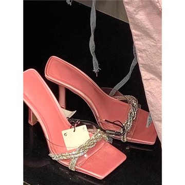 芭比粉色涼鞋女夏季方頭水鉆透明高跟鞋女細跟絕美露趾外穿涼拖鞋