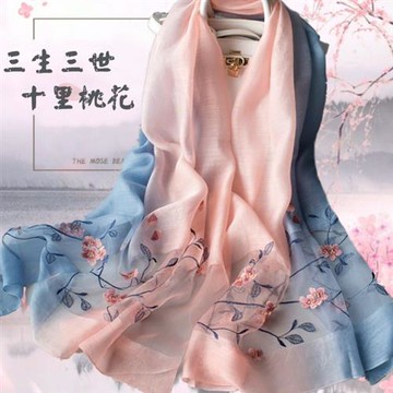 【I.Dear】三生三世十里桃花刺繡蠶絲羊毛混紡圍巾(5色)