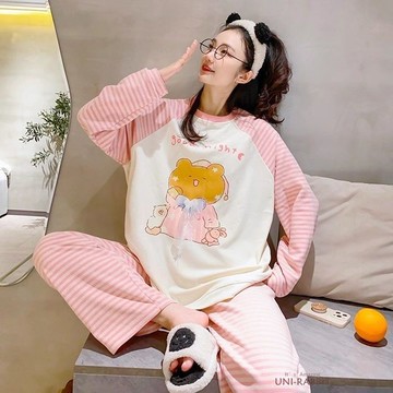可愛小熊ins風雙面德絨睡衣女秋冬新款寬鬆休閒可外出家居服套裝女生睡衣 可愛睡衣 卡通睡衣 居家睡衣  休閒睡衣 寬鬆睡