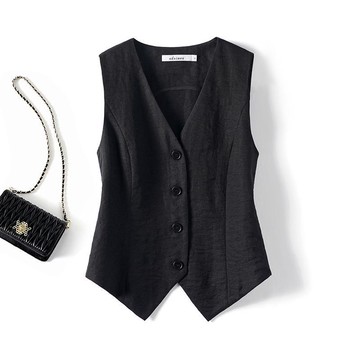 胖胖美依 背心 馬甲  上衣 S-XL顯瘦馬夾亞麻馬甲薄款夏季高端短款無袖西裝V領背心-7102.