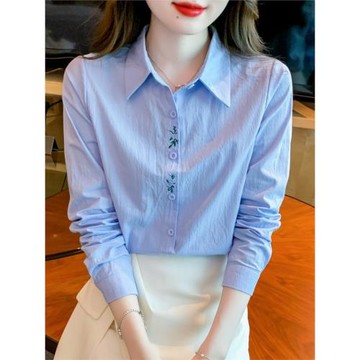 春秋季2025年新款女裝時尚刺繡花純棉襯衫女洋氣全棉長袖上衣洋氣