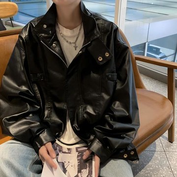 黑色皮衣外套男士春秋季潮牌pu皮立領上衣美式復古高級感休閑夾克