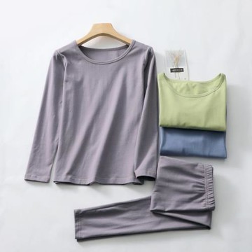 秋衣秋褲女春秋純棉套頭圓領長袖長褲日系純色保暖打底襯衣襯褲薄