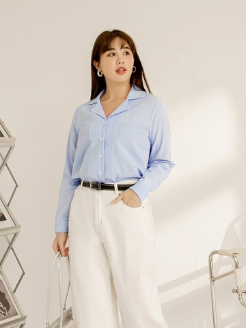 條紋印花西裝領排釦襯衫上衣