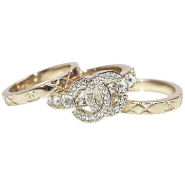 CHANEL 金色雙C水鑽LOGO菱格紋三合一戒指 (金色)