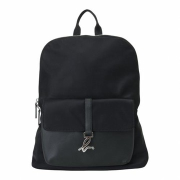 agnes b.-銀b. logo前皮革口袋拼尼接龍後背包(黑)小