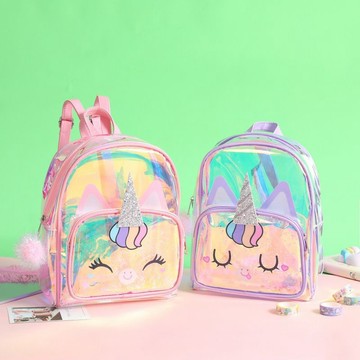 彩虹小馬書包 彩虹小馬 獨角獸背包兒童卡通鐳射炫彩雙肩包透明公主包女童出門包學生書包 TVJC