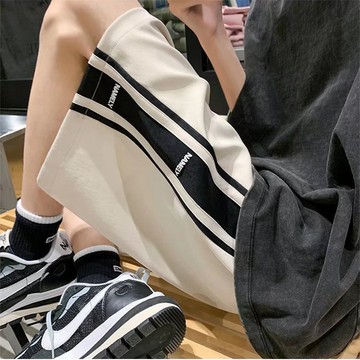 【夏季爆款】休閒短褲男 ins風短褲男潮牌 條紋 休閑褲男 撞色拼接寬鬆直筒褲男 五分褲男 運動褲男/林