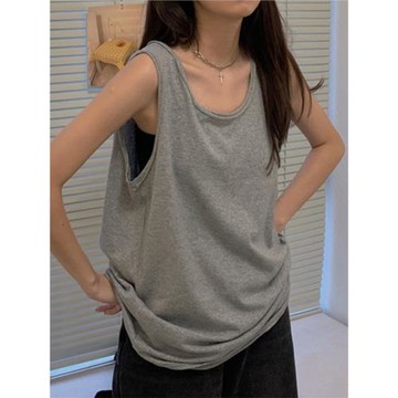 純色吊帶背心女早春新款寬松休閑內搭外穿大碼中長款無袖t恤上衣