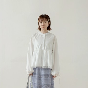 QUEENSHOP_S 女裝 長袖 中山領網紗剪接澎袖襯衫 兩色售 現+預 【01025722 】