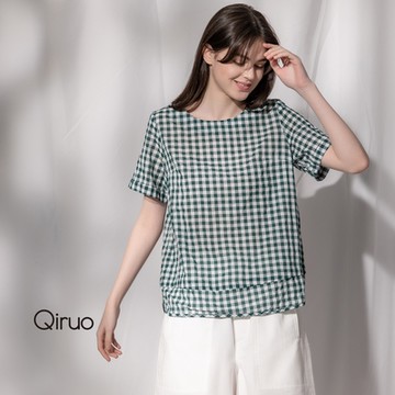 【Qiruo 奇若名品】綠色格紋棉麻上衣2097A(精緻簡約剪裁棉麻舒適透氣上衣)