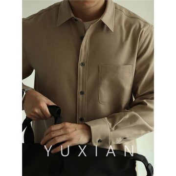 YUXIAN日系磨毛口袋長袖襯衫仿毛呢寬松保暖翻領休閑商務男士秋冬