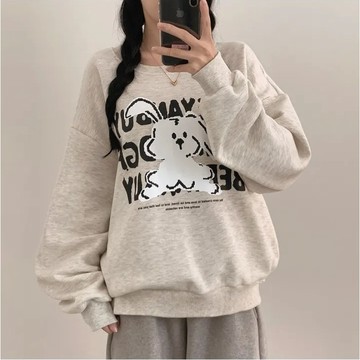 Vuja de 純棉圓領衛衣 大學t 薄衛衣 oversize 大學t 長袖 秋冬上衣 兔子印花 潮流衣服 刷毛 衣服女