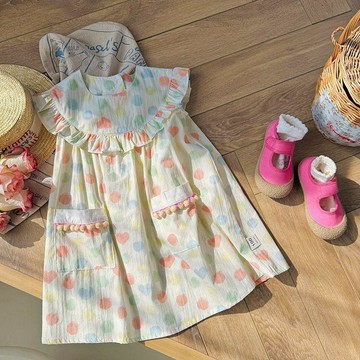 🎀biubiu童裝🎀夏季新款童裝彩色波點寶寶連衣裙韓版荷葉娃娃領兒童夏裝