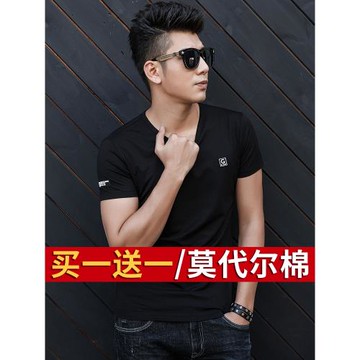 莫代爾短袖t恤男V領修身夏裝男生上衣服夏天黑色簡約夏季半袖體恤