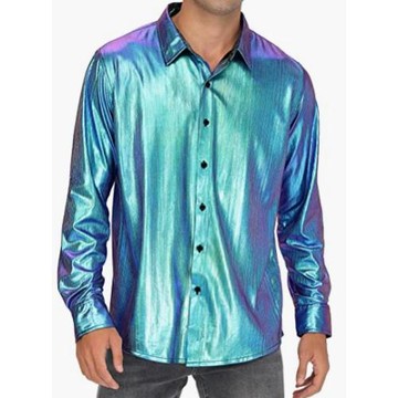 歐美復古休閑痞帥偏光亮面襯衫男夜店潮流寬松大碼炫彩色仿皮襯衣