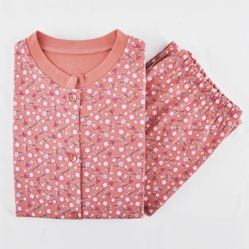 純棉開衫女秋衣新款長袖媽媽裝寬松大碼系扣圓領上衣褲子套裝