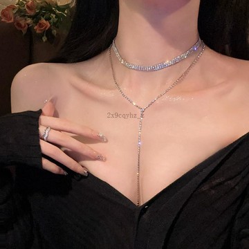 可開發票🥇共赴晚宴_滿鑽超閃流蘇項鍊女輕奢小衆設計感胸鏈高級鎖骨鏈頸鍊🥇免運