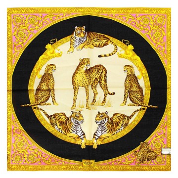 VERSACE凡賽斯古典猛獸圖紋純棉方巾 領巾(橘黑)989017-23