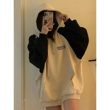 美式復古插肩袖拼色連帽衛衣女春秋oversize薄款外套寬松慵懶上衣