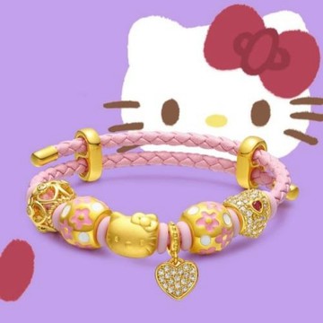 黃金helloKitty凱蒂貓手鏈999足金包銀轉運珠手串皮繩送女友禮物