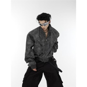 CulturE24ss小眾波點漸變粉墊肩短款夾克外套金屬拉鏈設計感皮衣