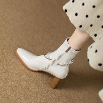 （特價搶購）2025秋冬側拉鏈高跟靴短靴歐美風珍珠金屬鏈條單靴女