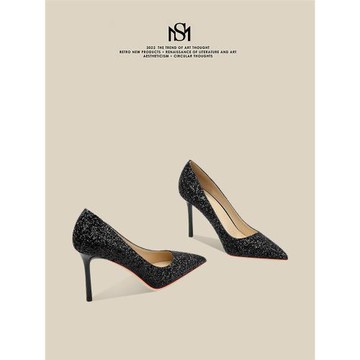 黑色高跟鞋女細跟2025年夏新款亮片單鞋水晶新娘鞋不累腳法式婚鞋