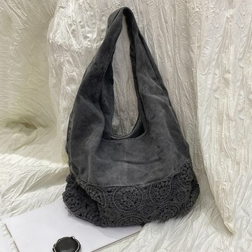 復古蕾絲拼接水洗帆布托特包152778