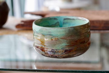 高原景緻油畫風手拉坏陶碗/抹茶碗